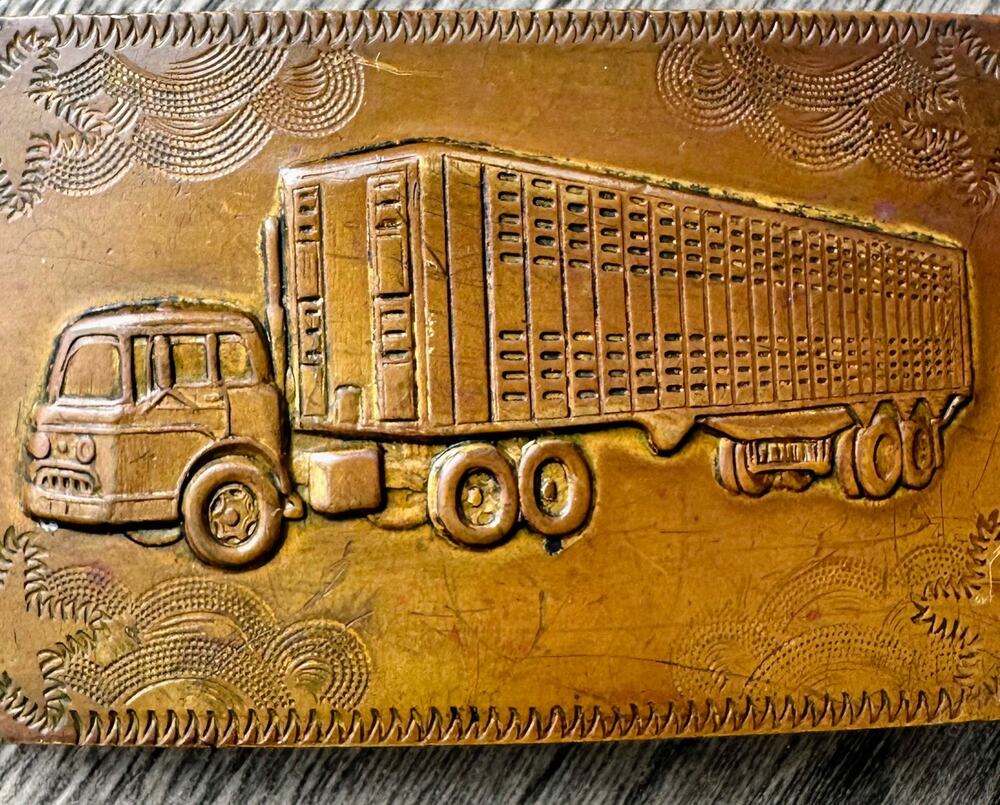 Vintage Semi Truck Livestock Trailer Belt Buckle Brass Tone Trucker 3.5"